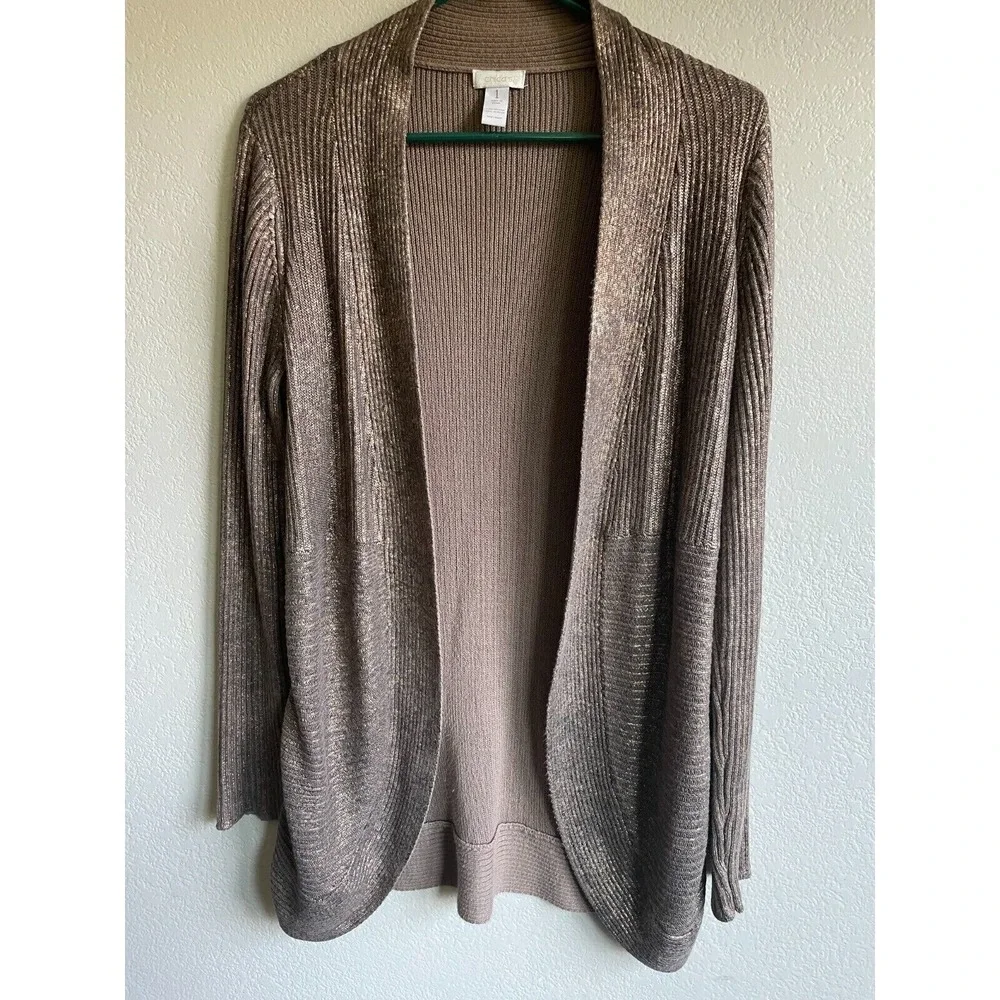 Chico's Gold Metallic Open Front Cardigan Sweater Women's Size 1‎ MEDIUM 8/10